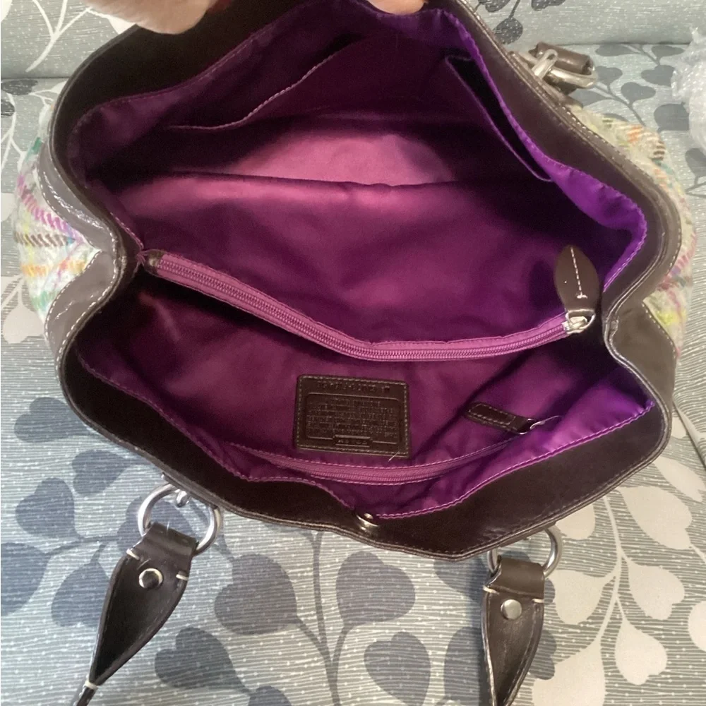 Coach F15456 Plaid Wool Leather Trim Satchel Brown Multicolor Fall Bag